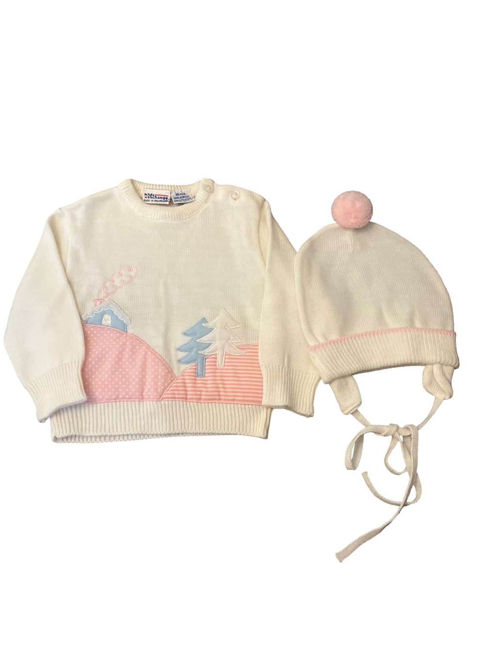 Vintage Kids Exchange Brand Knitted Pullover Sweater And Beanie White Pink 18 Mo